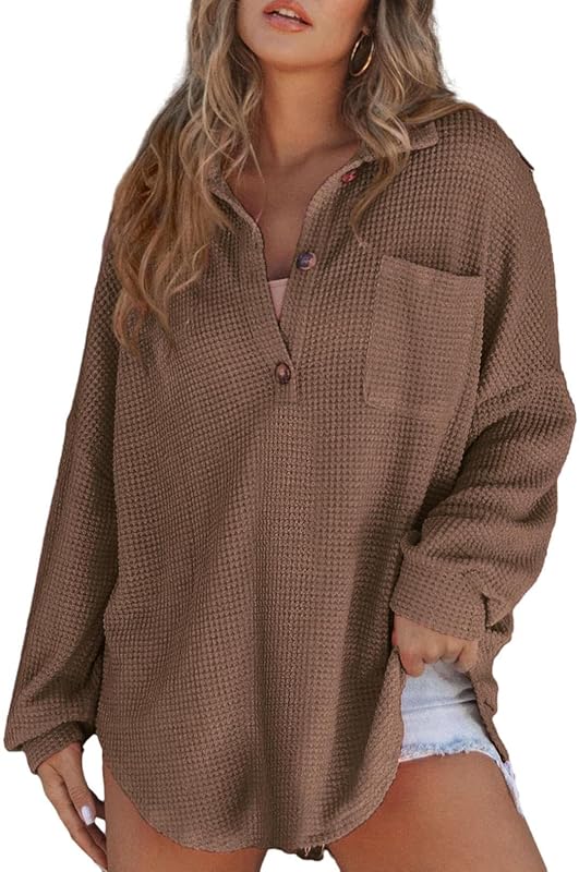 Women Waffle Knit Tops Henley Shirts Long Sleeve V Neck Solid Color Casual Tunic