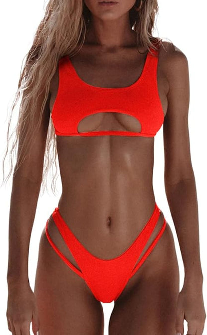 Women's Sexy Scoop Neck Padded Cutout Strappy Thong Bikini Set Swimsuit - Seldom Seen Styles