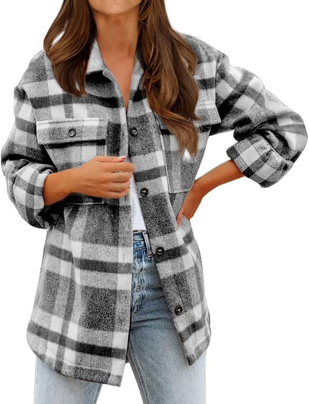 BTFBM Women Long Sleeve Button Down Jackets Plaid Flannel Shirts Tops Casual Lapel V Neck Oversized Shackets Blouses Top