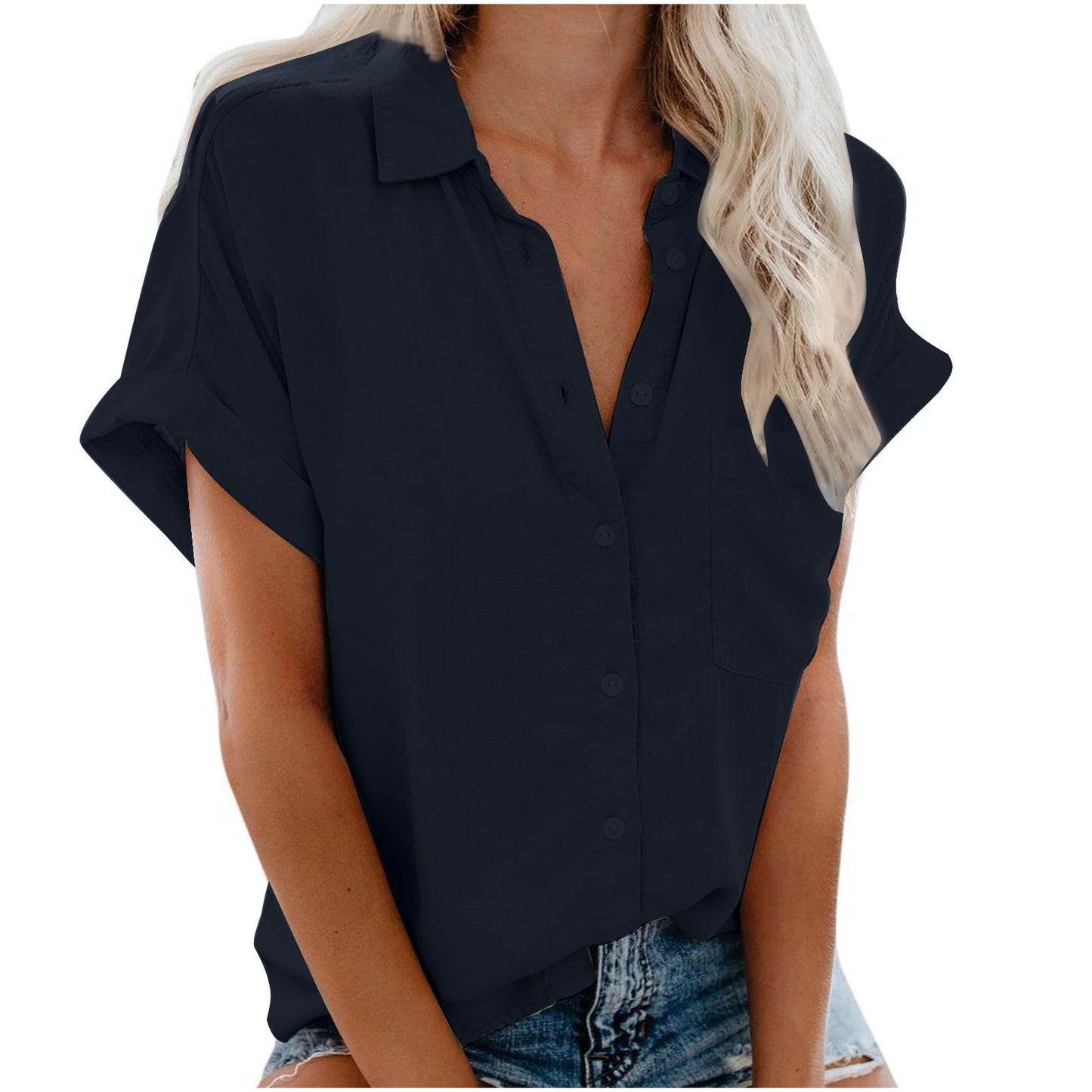 Beautife Damen Kurzarmhemden, V-Ausschnitt, Kragen, Button-Down-Shirt, Tops mit Taschen