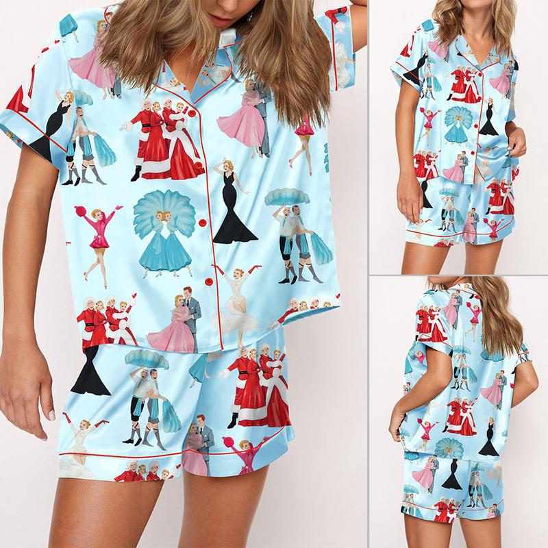 White Christmas Satin Pajama Set For Women Print Comfy Satin Sleepwear & Loungewear Pjs Printing Short Sleeve Top & Shorts - SHESHOW - Seldom Seen Styles