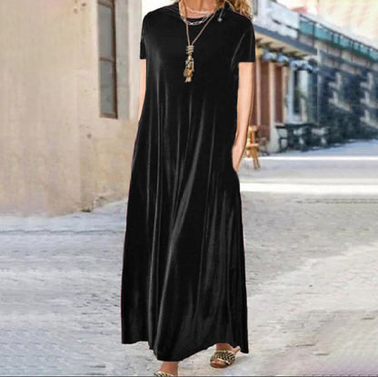 Cross-Border2024Amazon Spring New Gold Velvet European and American Slimming Temperament Crew Neck Long Dress