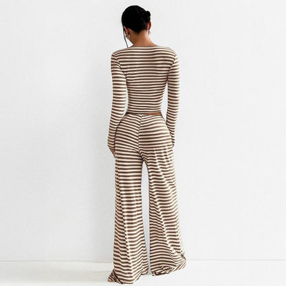 Women's Slouchy Square Neck Stripe Long Sleeve Crop Top & Low-Rise Wide Leg Trousers Co-ord, Minimalist Two Piece Outfits, Cozy Womenswear