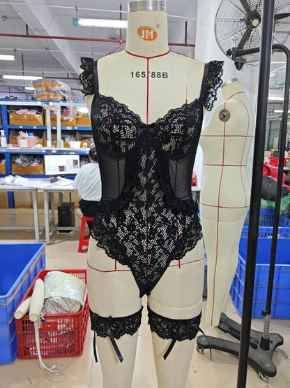 Women Sexy Lingerie Bodysuit Floral Lace Teddy Babydoll Snap Crotch Ruffle One Piece with Thigh Bands