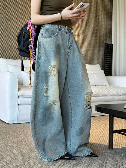 Women's Ripped Wide Leg Baggy Jeans High Waist Distressed Denim Pants Street Style Y2K Casual