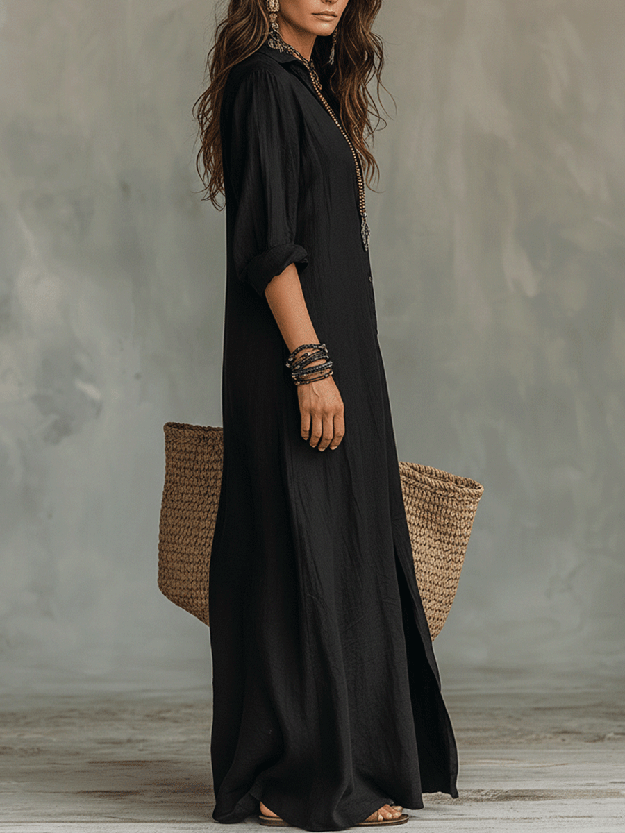 Black Button-Front Bohemian Shirt Maxi Dress - Seldom Seen Styles