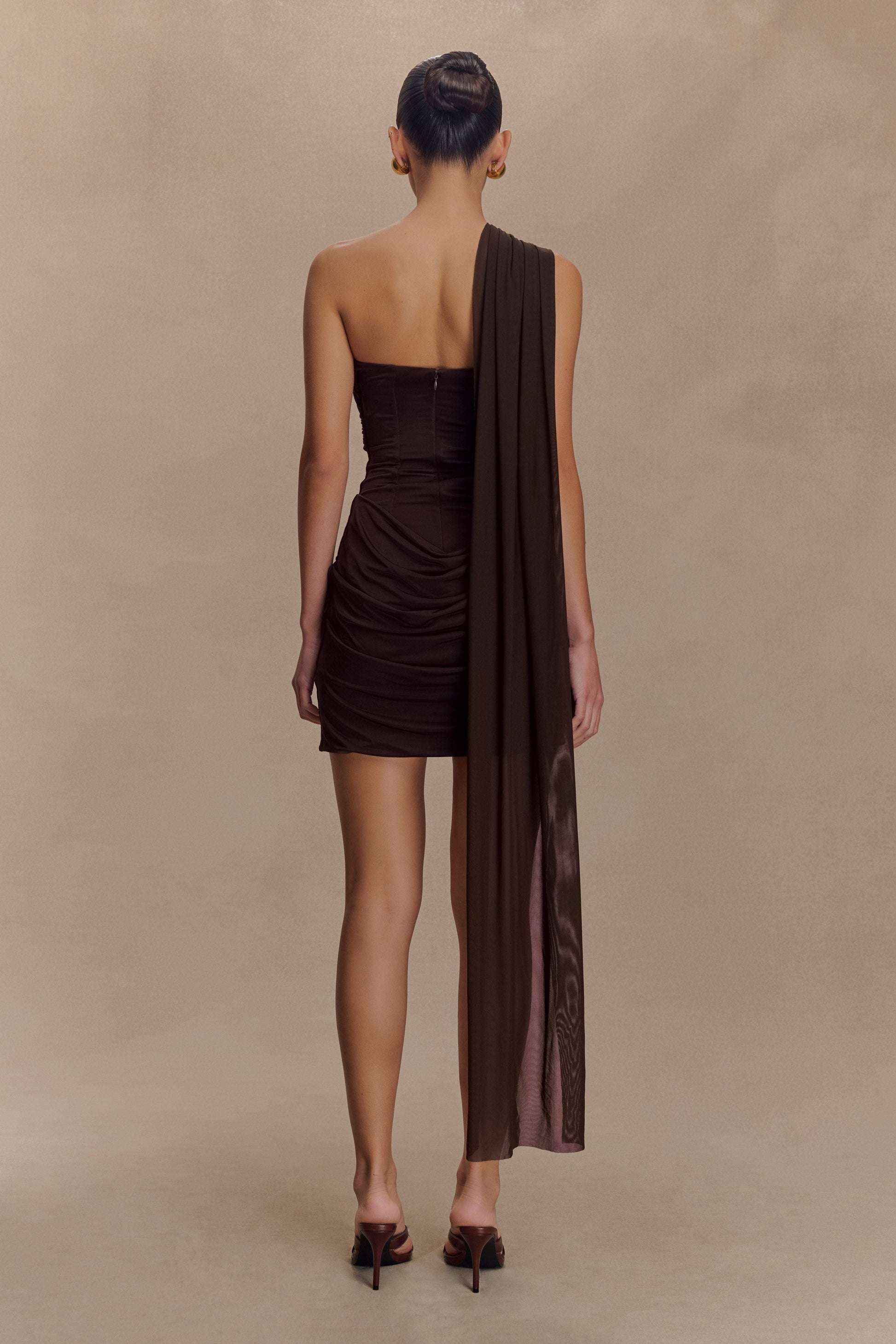 Mattea Slinky And Mesh Mini Dress With Scarf - Dark Chocolate - Seldom Seen Styles