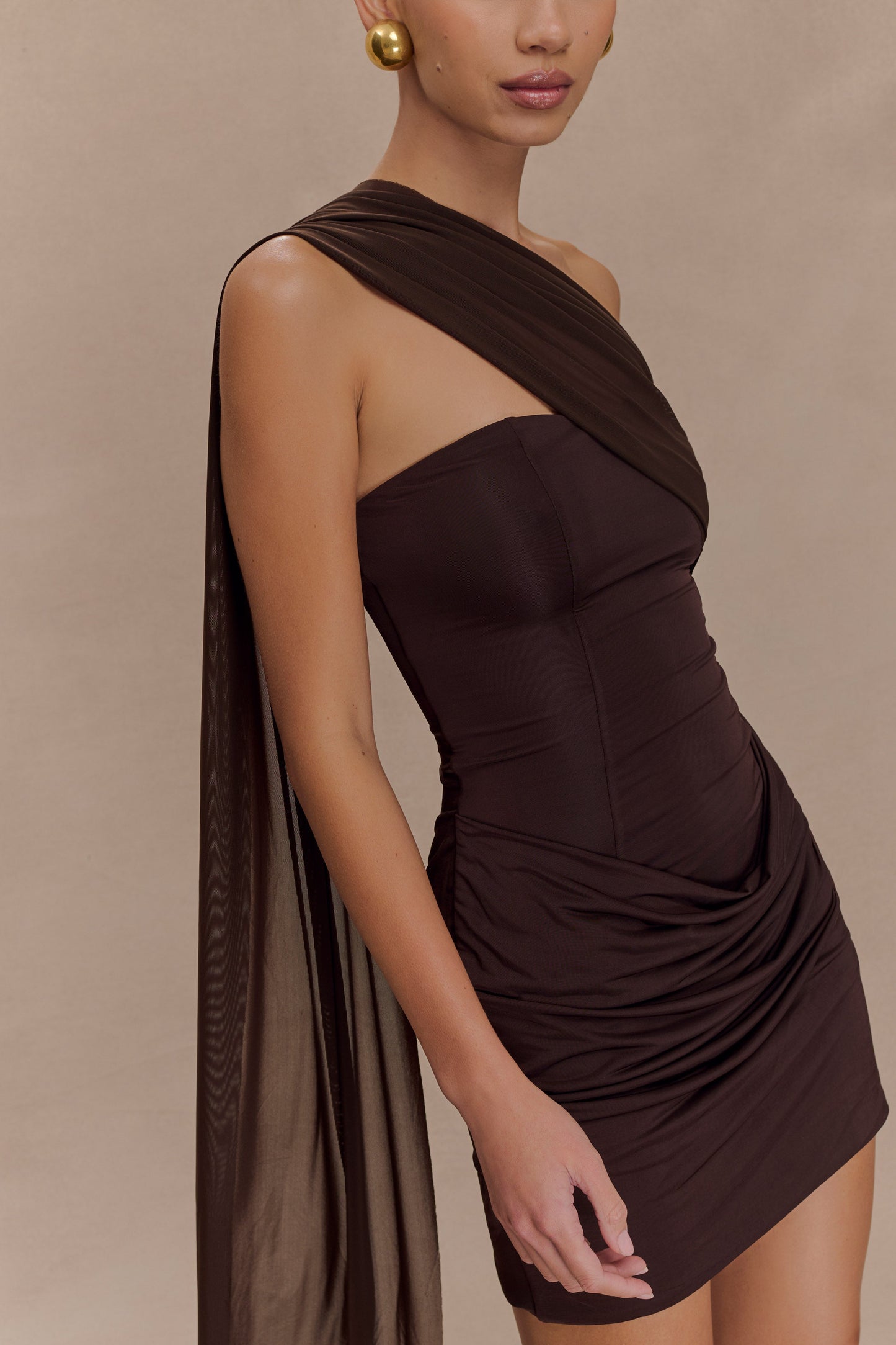 Mattea Slinky And Mesh Mini Dress With Scarf - Dark Chocolate - Seldom Seen Styles