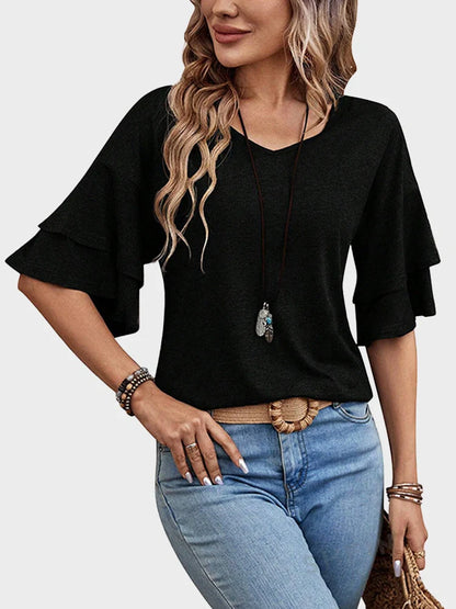 Womens Top Ruffle Sleeve Blouses V Neck T Shirts Casual Outfit Bell Sleeve Tee