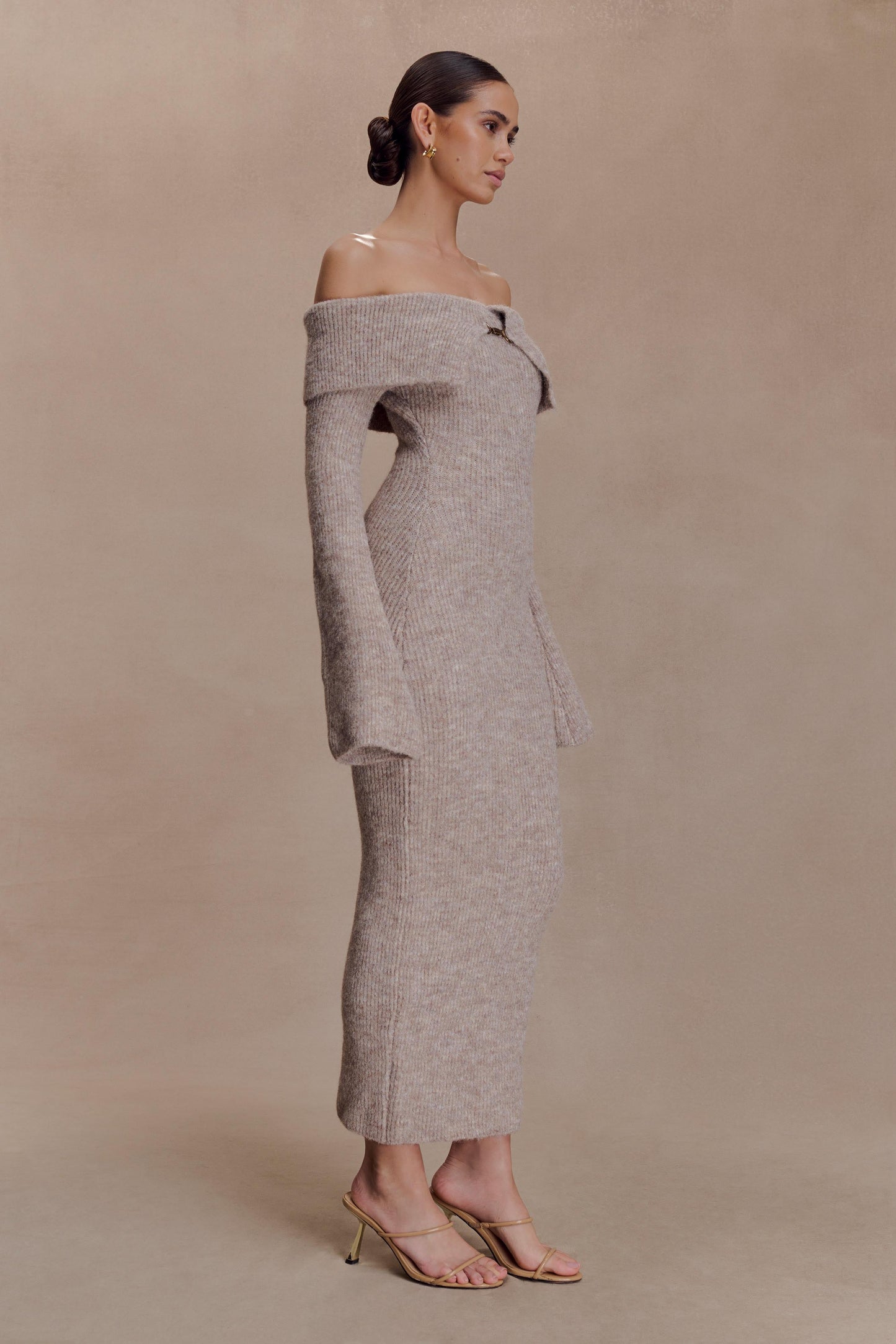 Baxter Off Shoulder Fluffy Knit Midi Dress - Taupe Marle - Seldom Seen Styles