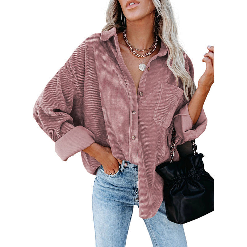 Dokotoo Womens Corduroy Button Down Shirts Boyfriend Long Sleeve Oversized Blouses Tops