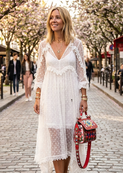 White Jacquard Polka Dot See-through Maxi Dress Long Sleeve