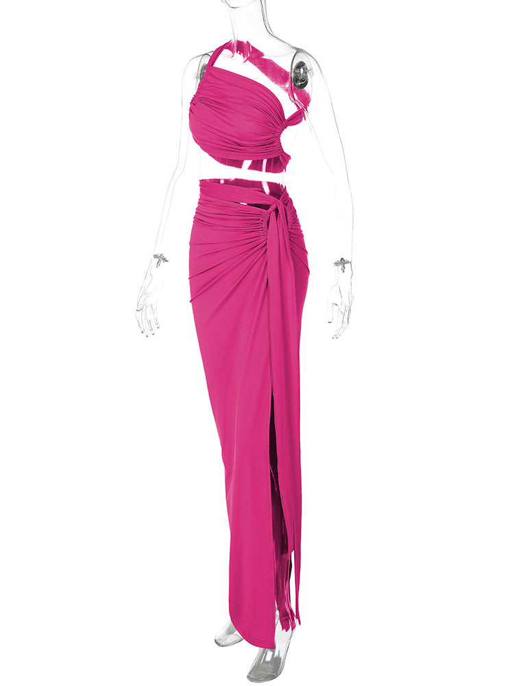 Maxikleid mit Schlitz, One-Shoulder-Kleid, zweiteiliges Rockset, sexy rotes One-Shoulder-Kleid