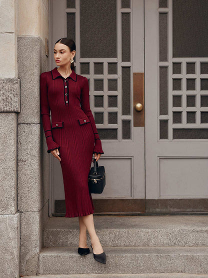 French Entry Lux Ruffled Knitted Dress 2023 European and American New Fall/Winter Sweater Dress Lapel Tight Midi Dress