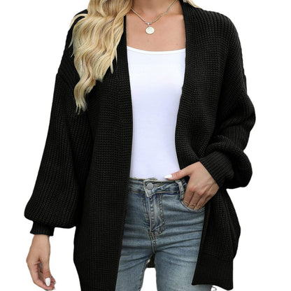 Amazon Foreign Trade Women's Clothing2023Autumn and Winter New Lantern Sleeve Sweater Women's Coat Coarse Yarn Pocket Knitted Cardigan