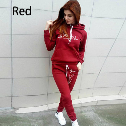 Two-Piece Set Women's Heart Print Raglan Sleeve Hoodie & Drawstring Waist Sweatpants Set, Casual Long Sleeve Hooded Pullover & Pocket Jogger Pants, Women's Fall & Winter Clothes, Holiday Outfits, Soft Clothes