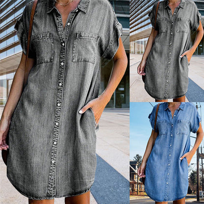 Women'S Casual Faux Denim Dress, Polyester Blend, V-Neck, Lapel Collar, Short Sleeve, Solid Color, Summer Knit Fabric, A-