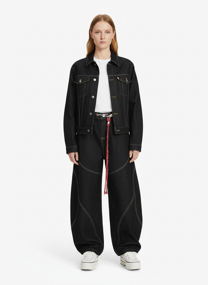 Denim Retro Belt Detail With Patchwork Barrel Jeans - 2490