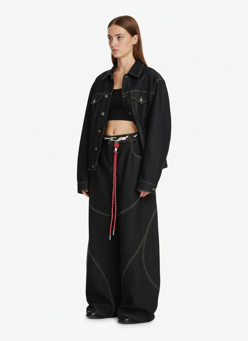 Denim Retro Belt Detail With Patchwork Barrel Jeans - 2490 