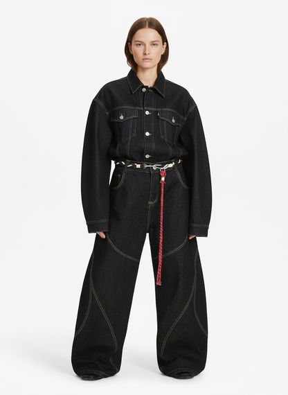 Denim Retro Belt Detail With Patchwork Barrel Jeans - 2490