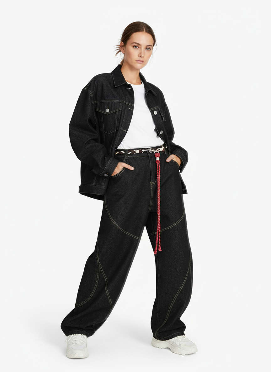 Denim Retro Belt Detail With Patchwork Barrel Jeans - 2490 