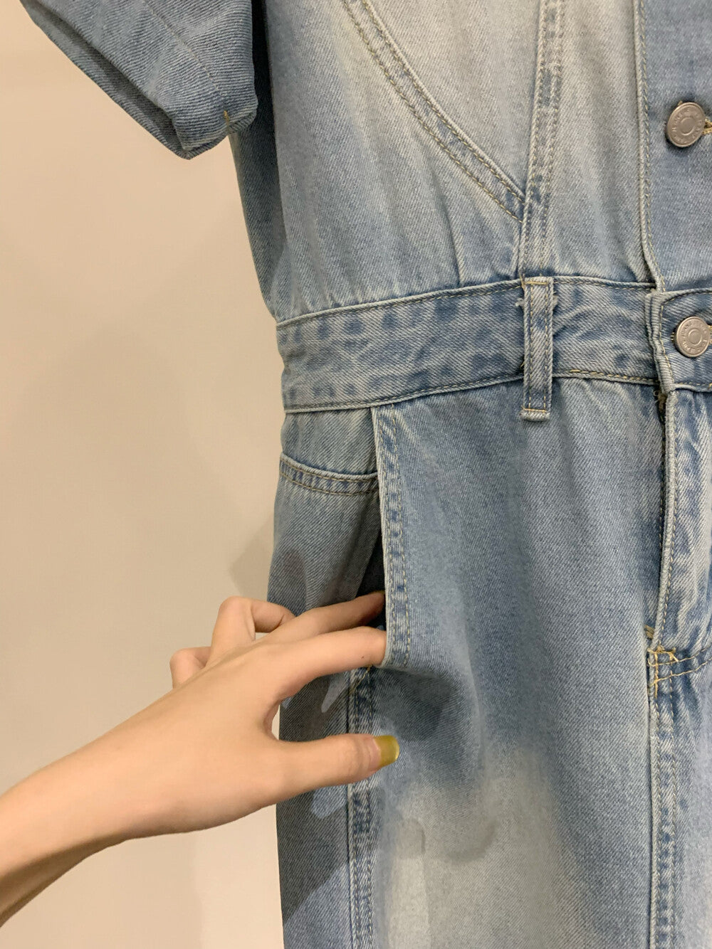 Women's Light Blue Washed Denim Short Sleeve Lapel Collar Silver Button Mini Dress Waist Cinching Dual Chest Pockets Side Pockets S M - Seldom Seen Styles