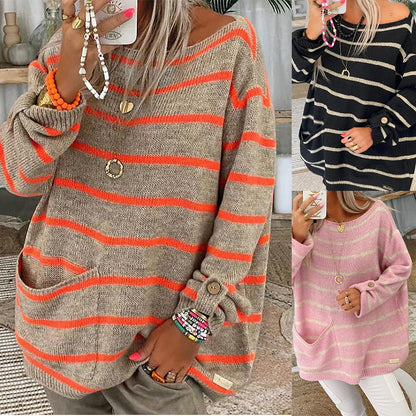 Womens Baggy Oversized Striped Sweater Trendy Color Block Casual Pullover Knit Tunic Sweater Jumper