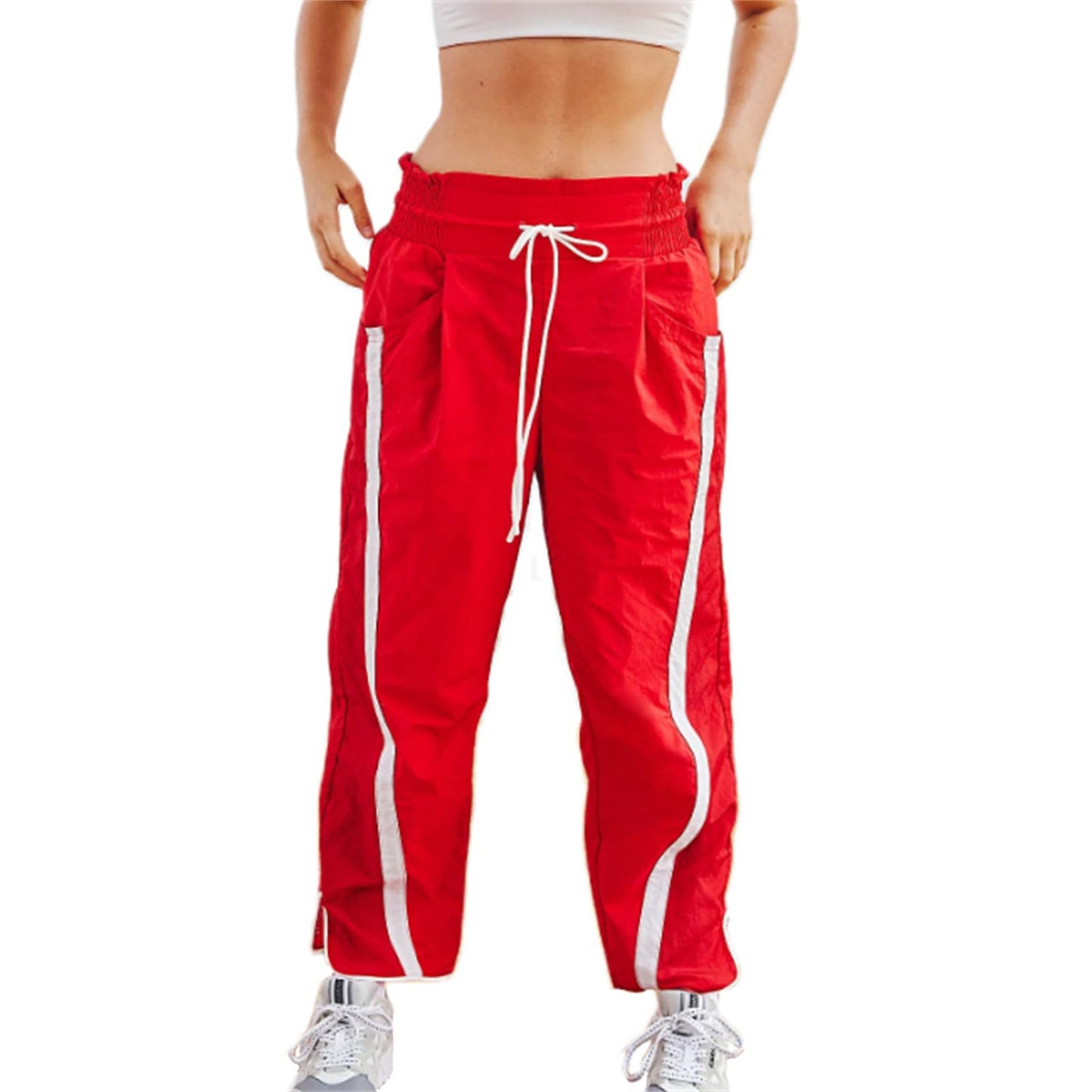 Women's Baggy Wide Leg Pants Casual Drawstring Elastic Waisted Contrast Color Workout Y2K Track Pants - Seldom Seen Styles