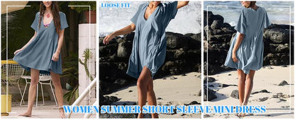 Womens Summer Mini Dress Casual Short Sleeve Loose V Neck Flowy Sundress Vacation Tshirt Sun Dress