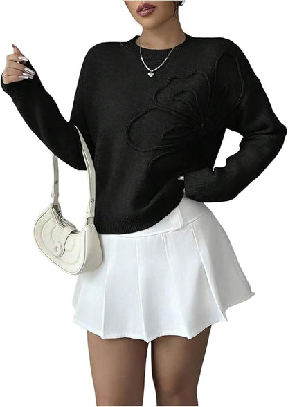 Women's 3D Floral Appliques Crewneck Sweaters Long Sleeve Drop Shoulder Pullovers Elegant Knit Tops