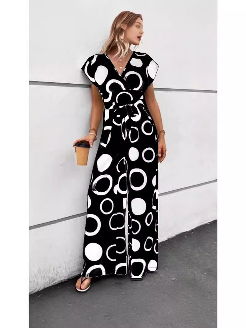 2024Cross-Border European and American New Amazon Fashion Elegant CasualVCollar High Waist Print Wide Leg Belt Jumpsuit