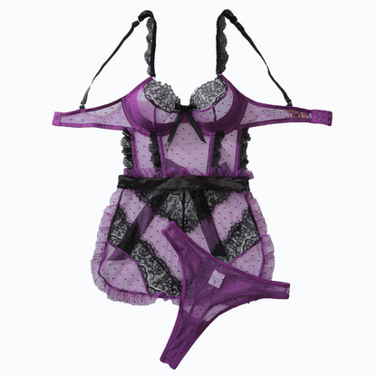 Sexy Color-Block Mesh See-Through Lingerie Hollow Out Backless No-Remove Temptation Erotic Bodysuit with Underwire