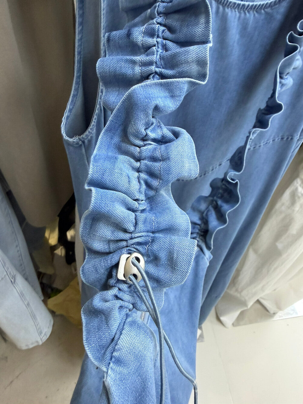 Women's Denim Sleeveless Diagonal Ruffle Trim A-Line Maxi Dress Drawstring Detail Light Blue Dark Navy One Size NNY with Free Bag - Seldom Seen Styles