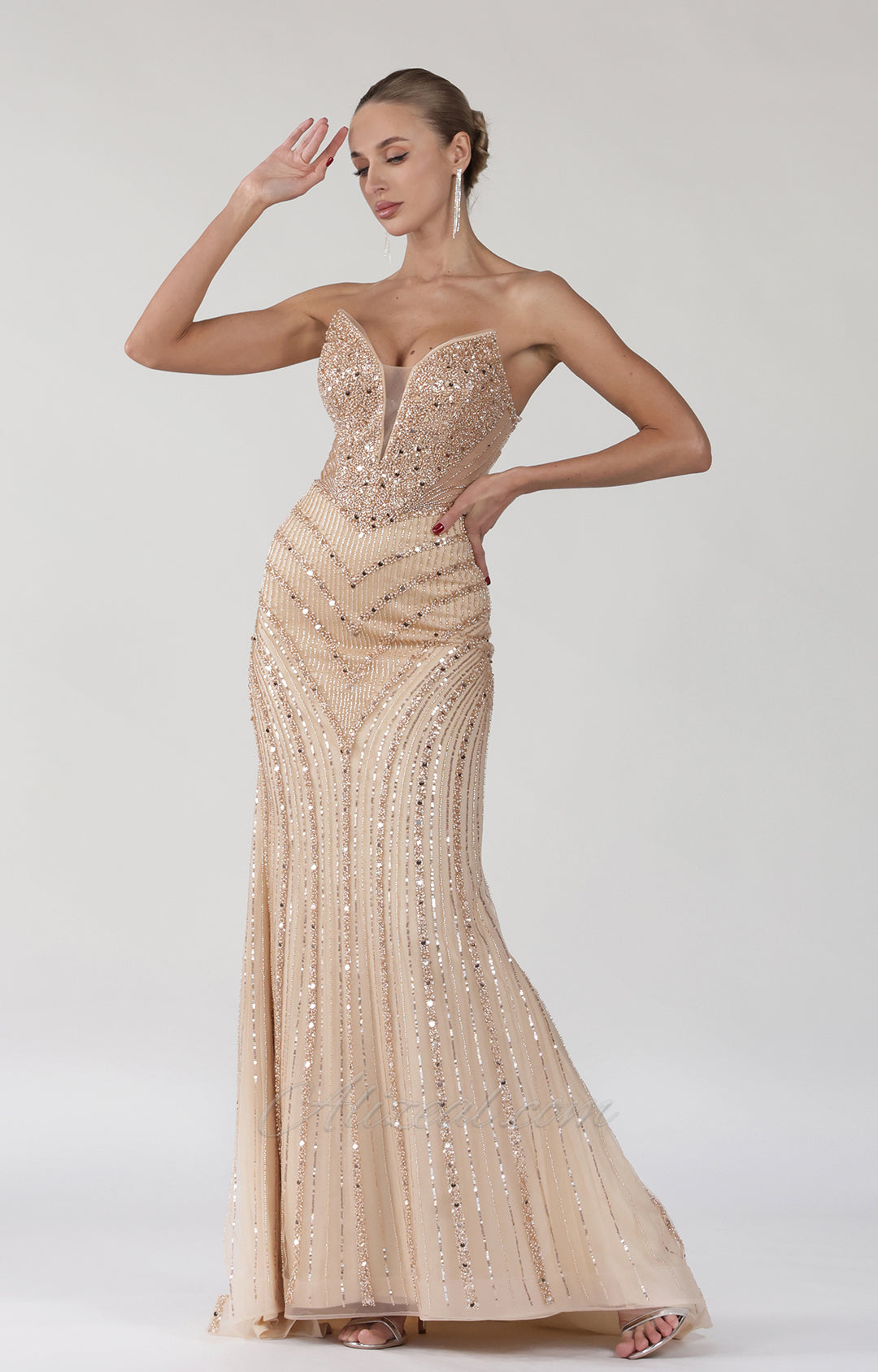 Beaded V-Neck Sequin Strapless Tulle Lace-up Dress - Seldom Seen Styles
