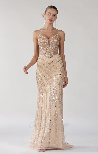 Beaded V-Neck Sequin Strapless Tulle Lace-up Dress