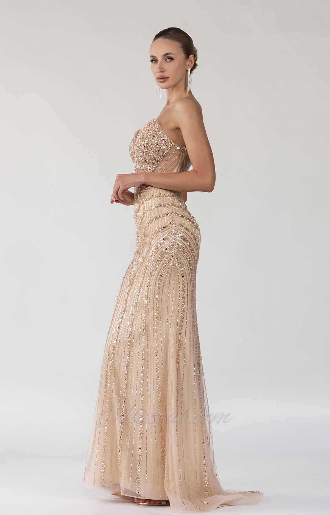 Beaded V-Neck Sequin Strapless Tulle Lace-up Dress - Seldom Seen Styles