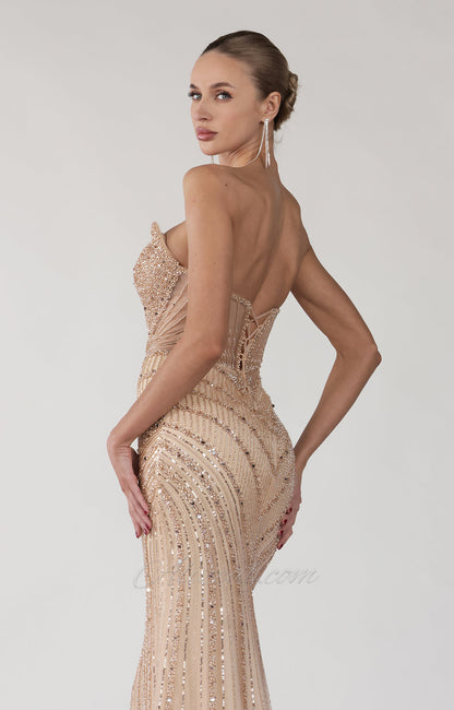 Beaded V-Neck Sequin Strapless Tulle Lace-up Dress