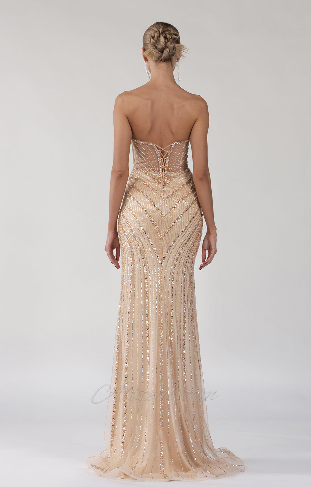 Beaded V-Neck Sequin Strapless Tulle Lace-up Dress - Seldom Seen Styles
