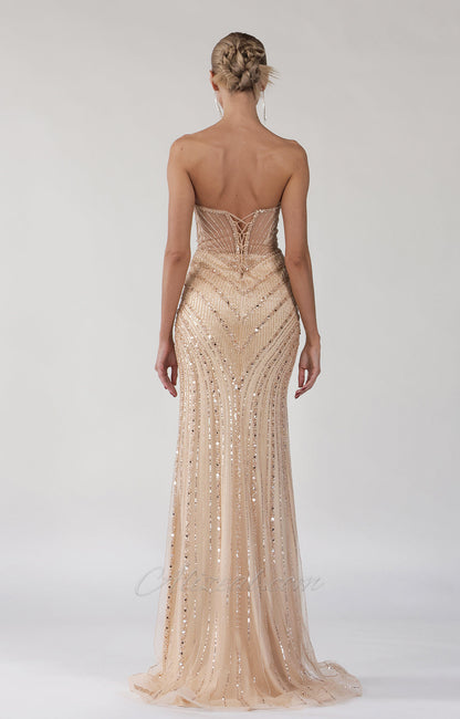 Beaded V-Neck Sequin Strapless Tulle Lace-up Dress