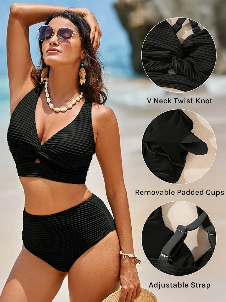 Seamless Textured Twist Front High-Waist Bikini Set - Seldom Seen Styles