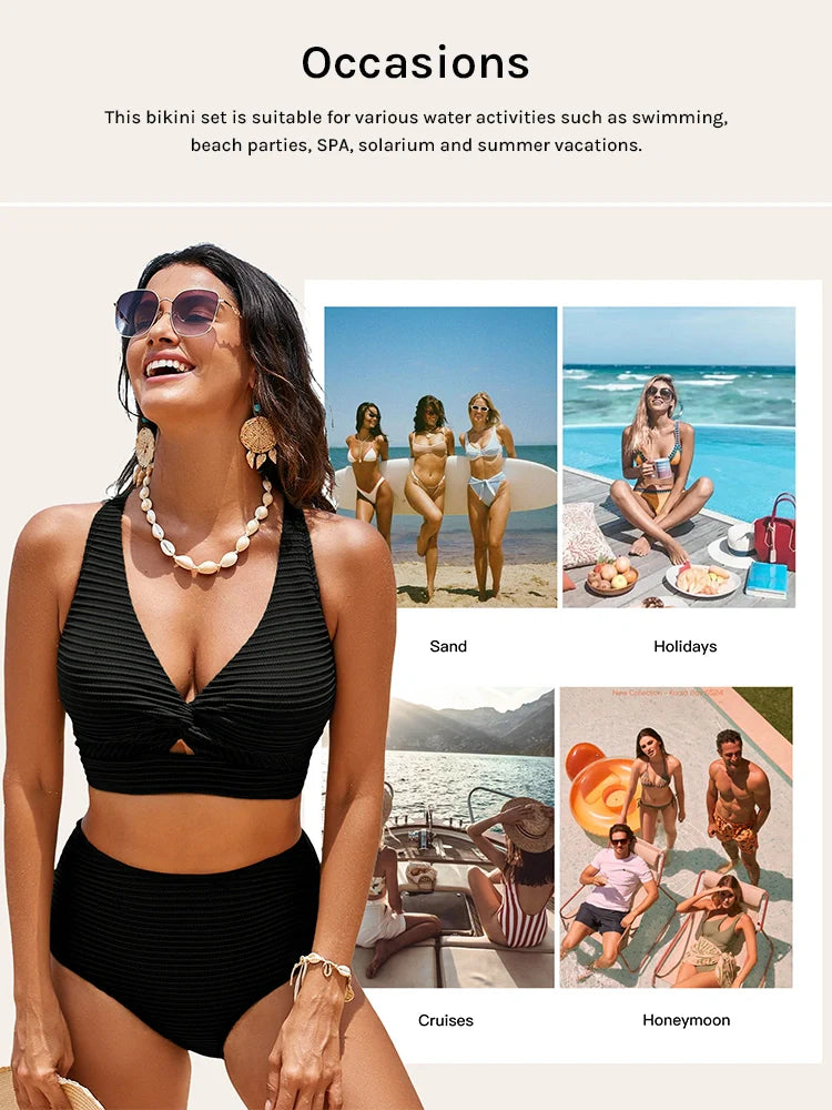 Seamless Textured Twist Front High-Waist Bikini Set - Seldom Seen Styles