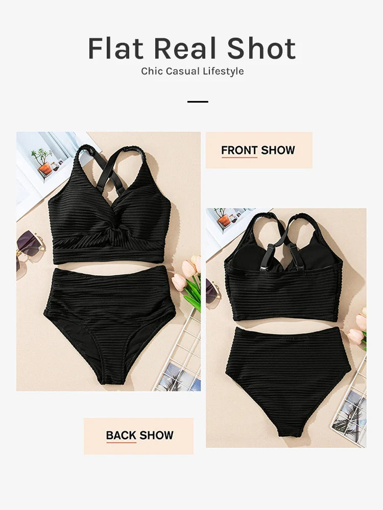 Seamless Textured Twist Front High-Waist Bikini Set - Seldom Seen Styles