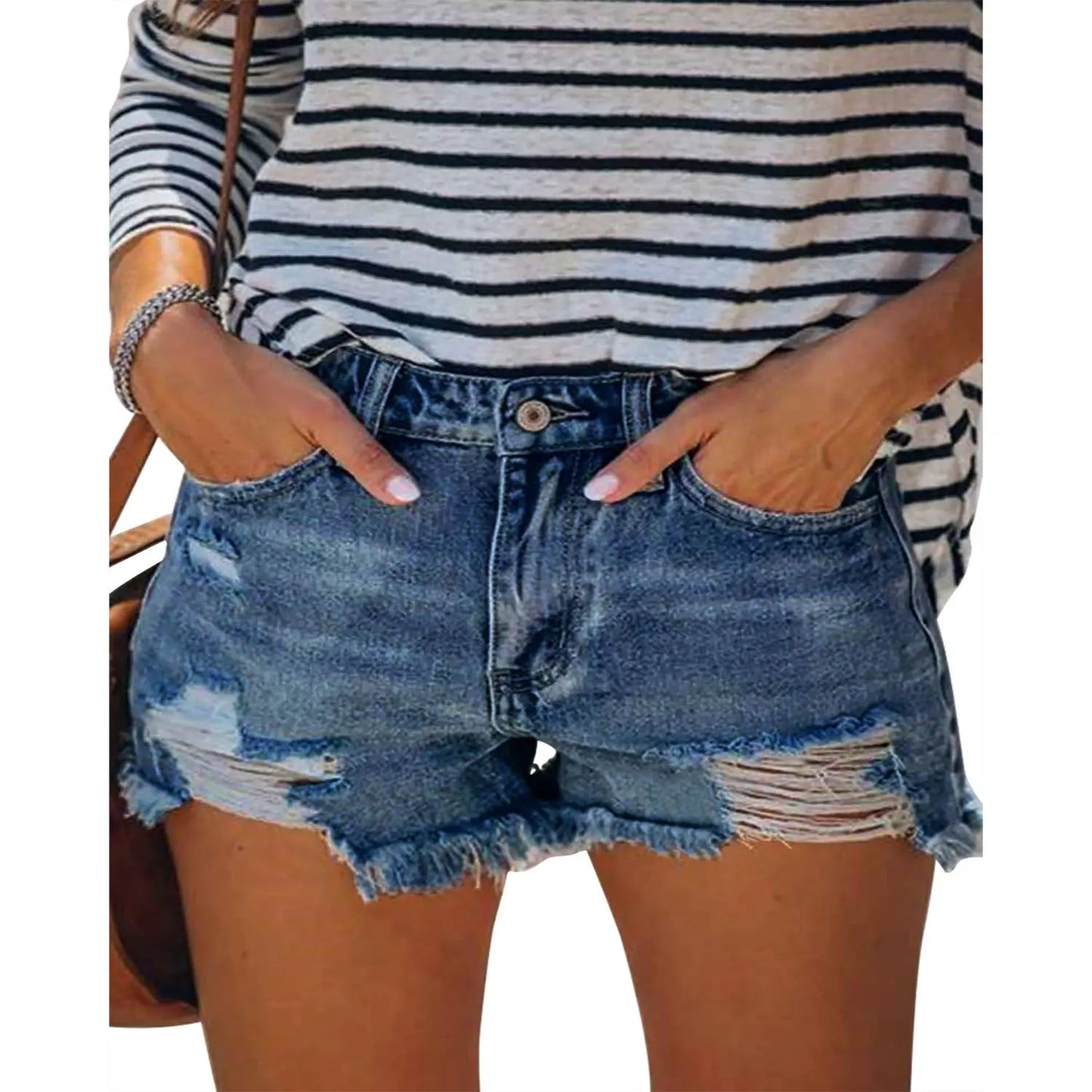 Angerella  Women's Denim Shorts Mid Waist Ripped Distressed - Seldom Seen Styles