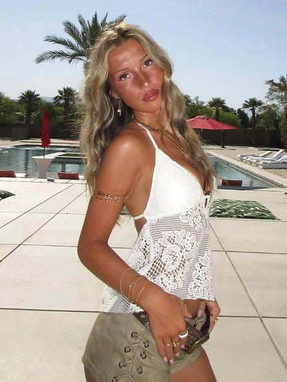 Women's Crochet Halter Top Backless Boho Summer Beach Top