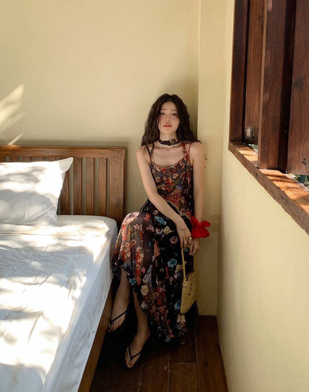 Boho Patchwork Floral Leopard Print Spaghetti Strap Maxi Dress with Matching Neck Scarf Included Ruffle Hem