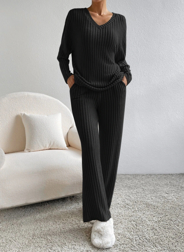 V Collar  Stripe Knitted Suit Two-Piece Set for Women2024Autumn New Fashion Casual Straight-Leg Pants Loose Temperament