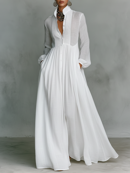 Women's Long Sleeve Cotton Linen Maxi Dress - Slimming Loose Fit Patchwork Design