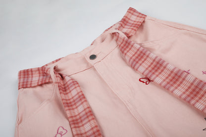 Women's Cute Embroidery Plaid Tie Wide Leg Denim Shorts High Waist Cherry Cat Bow Casual Sweet Streetwear Jean Shorts