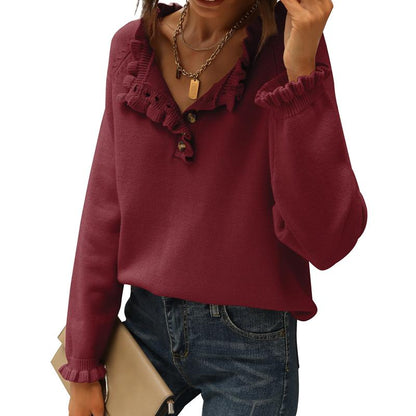 Women's Knit Pullover Sweater Tops - Casual Long Sleeve Button Down Crew Neck Ruffle Solid Color Striped - Knitwear, Womenswear
