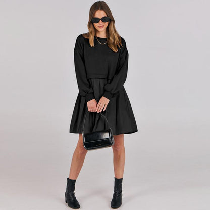 Women Oversized Sweatshirts Hoodie Dress Long Sleeve Crewneck Casual Baggy Patchwork Pleated Flowy Mini Dresses